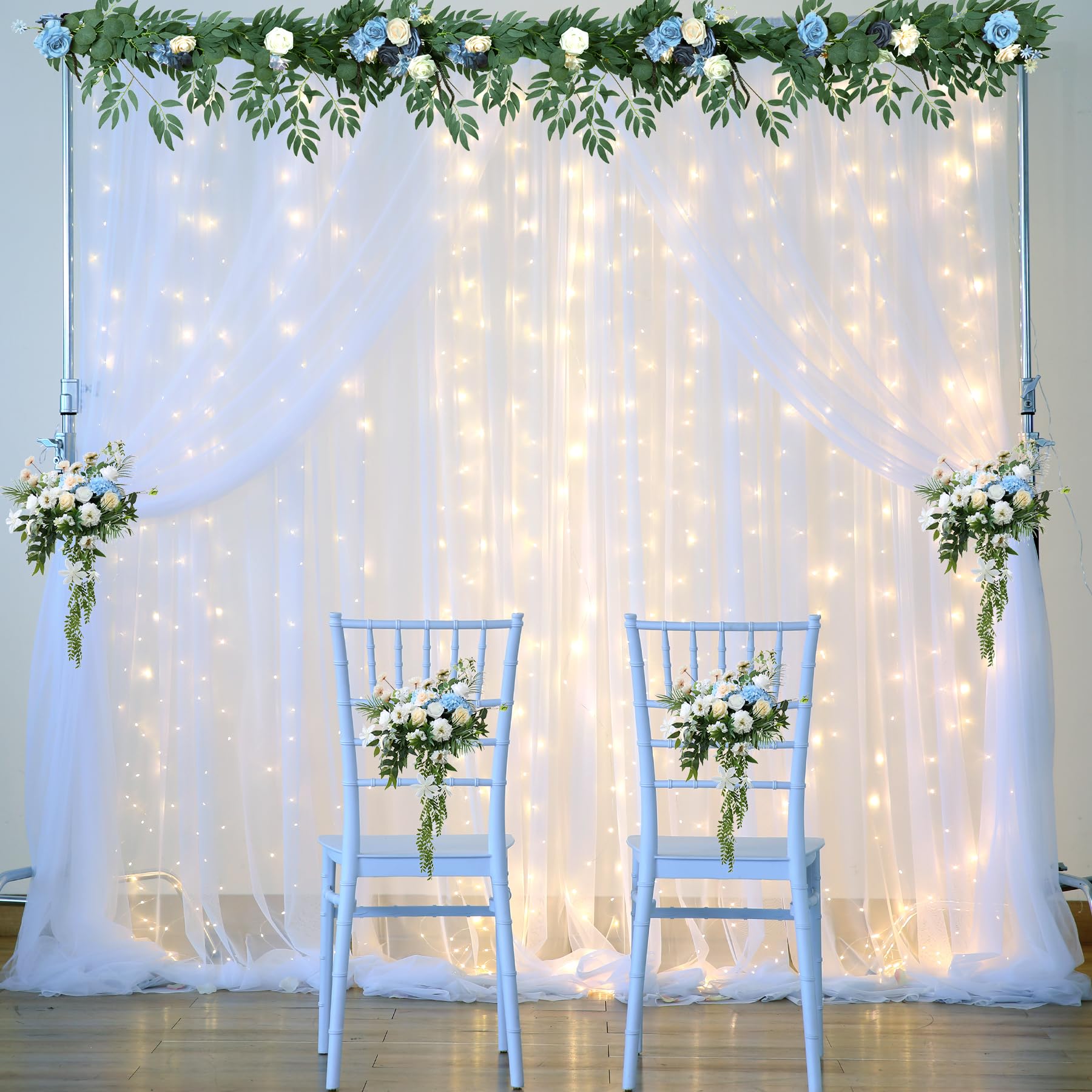 White Tulle Backdrop Curtain With Lights String For Parites 10  8Ft Sheer Backdrop Curtains White Curtain Backdrop For Wedding B